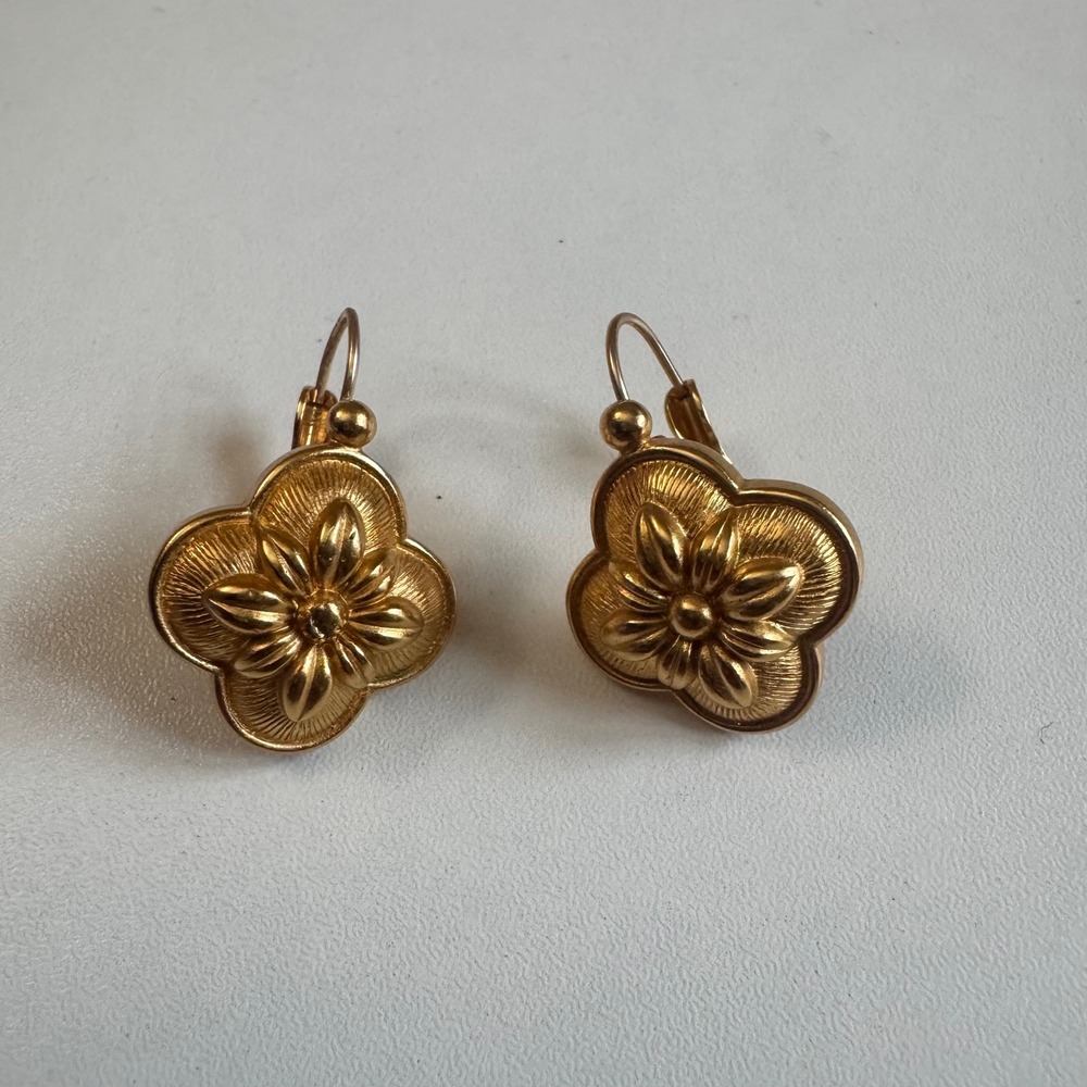 Monet Vintage Gold Tone Floral Quatrefoil Lever Back Earrings Textured Sunburst